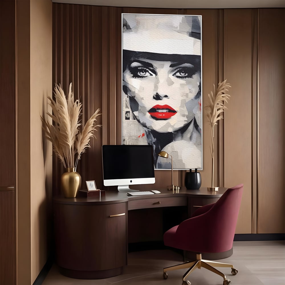 Tablou canvas cu tablou portret femeie cu buze rosii, in rama de aluminiu argintiu, pe perete intr-un birou